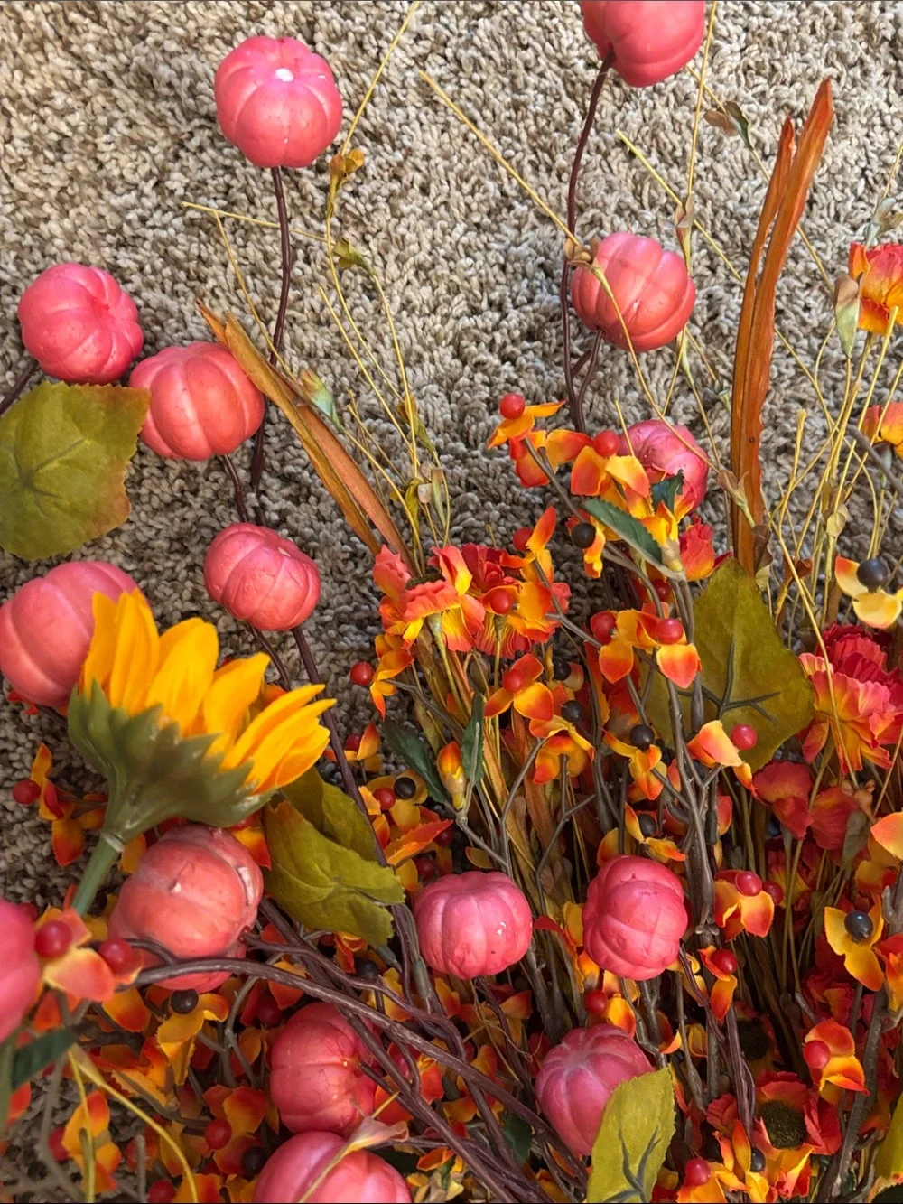 Autumn Pumpkin and Wildflower Faux Spray - Pink & Orange